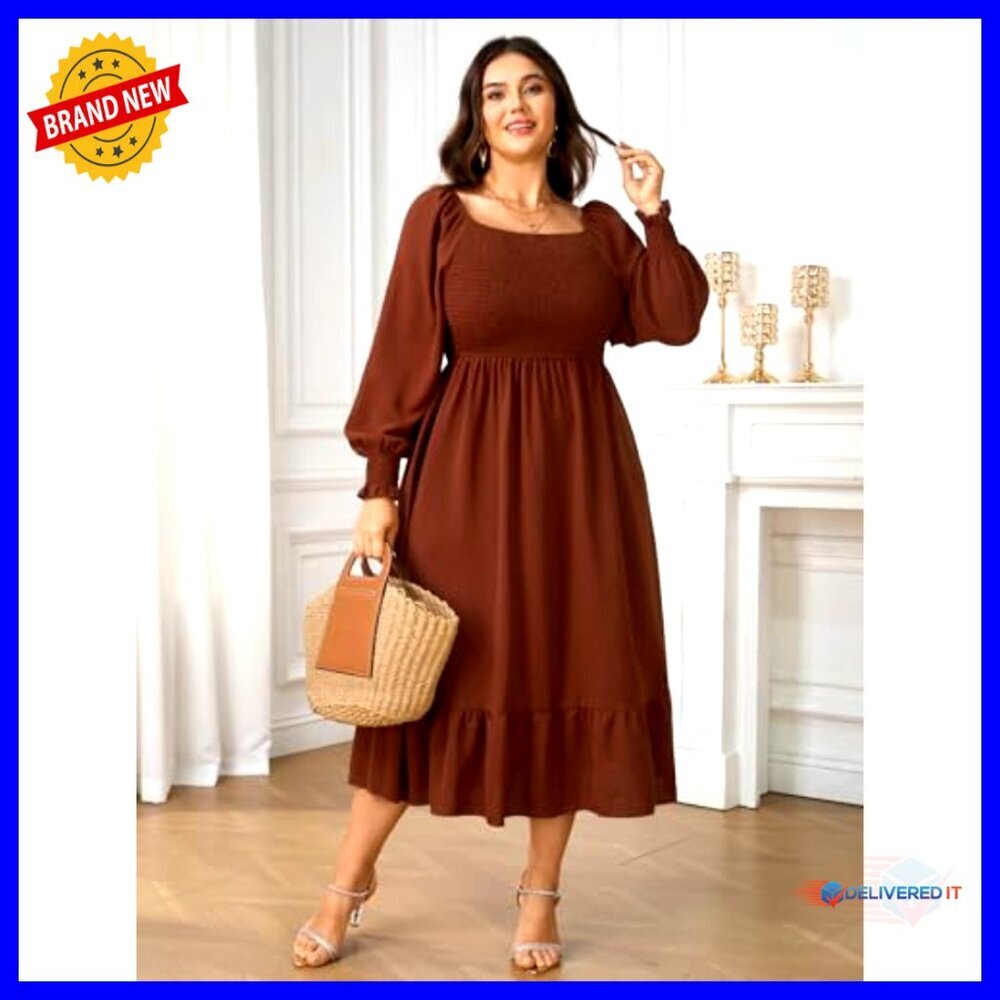Plus Size Maxi Dress Long Sleeve Square Neck Smocked Ruffle Swing Flowy - Picture 5 of 7